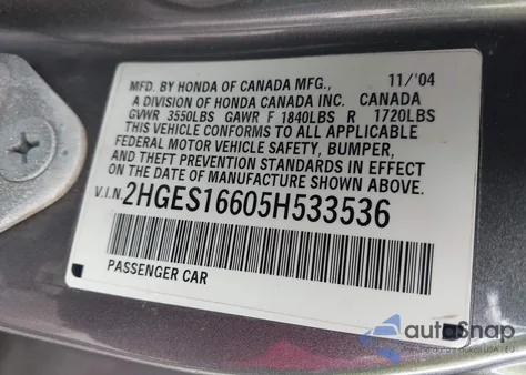 2005 Honda Civic Lx from USA, damaged, VIN 2HGES16605H533536